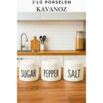 Penthouse 3’lü Porselen Salt Pepper Sugar Baharatlık Kavanoz Seti - Tuz, Biber, Kekik Saklama Kabı - Beyaz