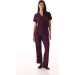 Penti Bordo Leopard Rib Gömlek Pantolon Pijama Takımı - Kırmızı - XS