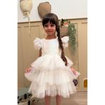 penu baby kids Beyaz Üstü Pul Payetli Eteği 3 Katlı Tül Kız Çocuk Kız Bebek Elbise