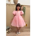 penu baby kids Pembe Karolin Balon Etek Balon Kollu Kurdeleli Kız Çocuk Kız Bebek Elbise