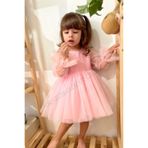 penu baby kids Pembe Pırıltılı Kumaş Kol Ucu Fırfırlı Tül Etekli Uzun Tül Kollu Kız Çocuk Kız Bebek Elbise