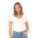 penyebizden V Yaka Slim Fit Crop Tişört-Ekru