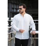 Pera Kumaş Keten Görünümlü Yarım Oversize Uzun kollu Erkek Gömlek - Beyaz - XL