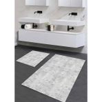 Pera Life Halı yıkanabilir Kaymaz Pamuk Dokuma Taban Düz Gri Desenli 60X100-50X60 2'li Banyo Paspası Klozet Takım