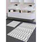 Pera Life Halı yıkanabilir Kaymaz Pamuk Dokuma Taban Geometrik Desenli 60X100-50X60 2'li Banyo Paspası Klozet Takım - Gri