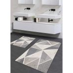 Pera Life Halı yıkanabilir Kaymaz Pamuk Dokuma Taban Geometrik Üçgen Desenli 60X100-50X60 2'li Banyo Paspası Klozet Takım - Gri