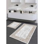 Pera Life Halı yıkanabilir Kaymaz Pamuk Dokuma Taban Kahve Çerçeveli Desen 60X100-50X60 2'li Banyo Paspası Klozet Takım - Gri