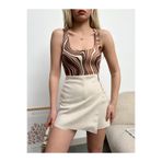 peralist Kadın Yeni Sezon Kalın Askılı Kahve Desen Pamuklu Basic Likralı Slimfit Bluz