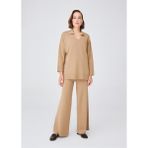 Peraluna Polo V Yaka Bol Kesim Kadın Triko Kazak Camel Melanj - XL