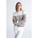 Peraluna Styleboom x Peraluna Audrey Pullover Omzu Düğmeli Çizgili Organik Pamuk Mevsimlik Kadın Triko Kazak ekru/lacivert - Ekru - Lacivert