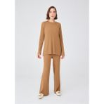 Peraluna Yırtmaçlı Bol Kesim Kaşmir Karışım Kadın Triko Kazak Camel - XL