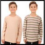 Perendi 2'li Bisiklet Yaka Uzun Kollu Çizgili ve Düz Unisex Çocuk Sweatshirt Haki Bej-Bej - 10 - 11 Yaş - Haki - Bej