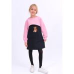 Perendi Kız Çocuk Ayıcık Nakışlı Elbise ve Crop Sweatshirt - 5 - 6 Yaş - Pembe