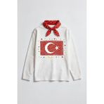 Perendi Kız Çocuk Türk Bayrak Baskılı Uzun Kollu Tişört – Fular Hediyeli - Beyaz - 8 - 9 Yaş