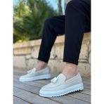 Perilice Store Periliçekeçe BA0154 Bağcıksız Yüksek Taban Beyaz Keten Püsküllü Erkek Ayakkabı