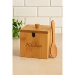 PERLAEVKAHVE Bambu Kapaklı Kaşıklı 12x12 Çok Amaçlı Baharat ve Tuzluk Kutusu – Kitchen Yazılı