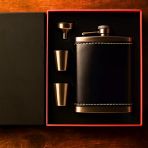 Perlotus 8 Oz 240 cc Rugan Siyah Hakiki Deri Viski Cep Matarası Shot Bardaklı Set Kutulu Babalar Günü Hediye