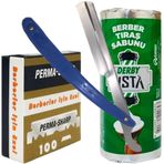 Perma Berber Jileti 100'lü Paket, Derby Usta 75g Tıraş Sabunu, Ali Bıyıklı Ustura Seti