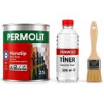 Permolit Monotip 2.5 Lt Parlak Yağlı Boya Seti + Tiner + Fırça | Metal & Ahşap Uyumlu, Pas Önleyici, Tam Set - Siyah