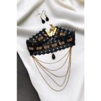 Petek Aksesuar GOTİK PUNK ZİNCİR SALLANTILI TASMA CHOKER KOLYE KÜPE SET