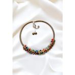 Petek Aksesuar RENKLİ TAŞLI PARLAK TASMA CHOKER KOLYE KÜPE SET