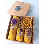 Petekoğlu Balmumu Mum Dekoratif Hediye Kutusu 4 Lü Set Doğal Petek Beeswax Candle Açmış Gül (Mor Süslenmiş açmış gül)