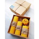 Petekoğlu Balmumu Mum Dekoratif Hediye Kutusu 4 Lü Set Doğal Petek Beeswax Candle Bal Kabağı (Jüt kumaş)