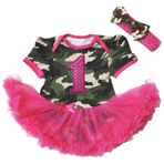 Petitebelle Bling 1. Doğum Günü Kamuflaj Bodysuit Tulum Sıcak Pembe Kız Bebek Elbisesi Nb-18m (3-6month)
