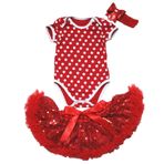 Petitebelle Doğum Günü Elbisesi Beyaz Puantiyeli Tulum Kırmızı Payetli Etek Kafa Bandı 3 parça Set Nb-18 m, kırmızı, 6-12 Months