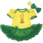 Petitebelle Dünya Kupası Brezilya 1. Doğum Günü Sarı Zıbın Yeşil Kız Kumaş Bebek Elbisesi Nb-18 m, Yellow, 3-6 Months