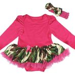 Petitebelle Düz Sıcak Pembe L/S Bodysuit Kamuflaj Tulum Tutu NB-18m (0-3 Ay)