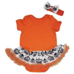 Petitebelle Elbise Düz Turuncu Bodysuit Kafatası Taç Beyaz Tulum Tutu Seti NB-18m (12-18 Ay)