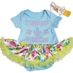 Petitebelle Happy Easter Bebek Elbisesi Lüks Yumurta Mavi Tek Parça Yeşil Tütü Tulum Nb-18 m, Mavi, Gökkuşağı, 12-18 Months