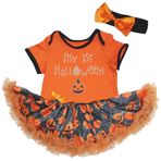 Petitebelle My 1st Halloween Balkabağı Zıbın Tütü Bebek Elbisesi Nb-18 m, Turuncu/Örümcek Ağı Kabak, 6-12 Months