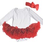 Petitebelle Noel Bebek Elbise Beyaz Pamuk Uzun Kollu Bodysuit Kırmızı Payetler Tutu Etek Nb-18m (6-12month)