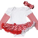 Petitebelle Paskalya Bebek Elbisesi Düz Beyaz L/S Bodysuit Kırmızı Chervon Tutu NB-18m (3-6 Ay)