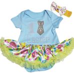 Petitebelle-Petitebelle 1. Paskalya Bebek Elbisesi Tavşan Kravat Mavi Bodysuit Yeşil Yumurta Tutu Tulum Nb-18m (6-12 Ay)