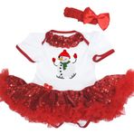 Petitebelle Yılbaşı Bebek Elbisesi Kardan Adam Beyaz Pamuklu Bodysuit Kırmızı Payetler Tutu Etek Nb-18m (12-18 Ay)