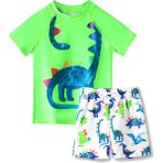 Petityu Güneş Korumalı Neon Yeşil Dino Mayo Uzun Boyunlu T-Rex Beyaz Şortlu Set - Yeşil - Beyaz - 2 - 3 Yaş