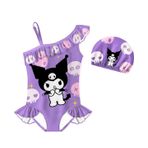 Petityu Kuromi Tek Omuz Fırfır Detaylı Boneli Mor Kız Çocuk Mayo 7-8 Yaş