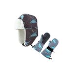 Petityu Su Geçirmez Erkek Çocuk Bere Eldiven Set 2-4 Yaş Kayak Snowboard Gri Mavi Dino, 2-4 Yaş