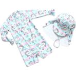 Petityu UPF50+ Güneş Korumalı Uzun Kollu Unicorn Pembe Mavi Mont Gökkuşağı Unicorn Mayo Şapka Set - 3 - 4 Yaş