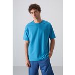 Petrol Mavi Pamuklu Kalın Yumuşak Dokulu Oversize Fit Basic Erkek T-Shirt - 88349