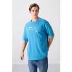 Petrol Mavi Pamuklu Kalın Yumuşak Dokulu Oversize Fit Baskılı Erkek T-Shirt - 88326