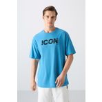 Petrol Mavi Pamuklu Kalın Yumuşak Dokulu Oversize Fit Baskılı Erkek T-Shirt - 88331
