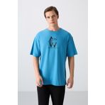 Petrol Mavi Pamuklu Kalın Yumuşak Dokulu Oversize Fit Baskılı Erkek T-Shirt - 88332