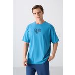 Petrol Mavi Pamuklu Kalın Yumuşak Dokulu Oversize Fit Baskılı Erkek T-Shirt - 88333