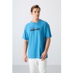 Petrol Mavi Pamuklu Kalın Yumuşak Dokulu Oversize Fit Baskılı Erkek T-Shirt - 88334