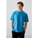 Petrol Mavi Pamuklu Kalın Yumuşak Dokulu Oversize Fit Baskılı Erkek T-Shirt - 88373