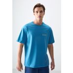 Petrol Mavi Pamuklu Kalın Yumuşak Dokulu Oversize Fit Baskılı Erkek T-Shirt - 88375